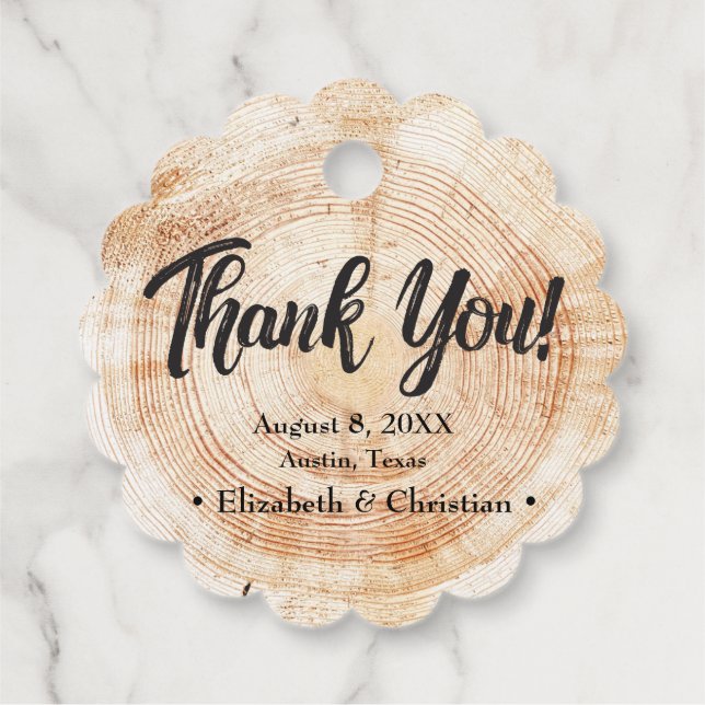 Rustic Elegant bröllop Wood cut Tack Gåvor Etiketter (Baksida)
