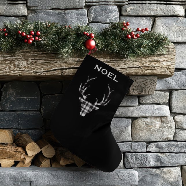 Rustic Elegant Christmas Plaid Deer Stockings Stor Julstrumpa (chic personalized christmas stocking. modern black plaid check deer.)