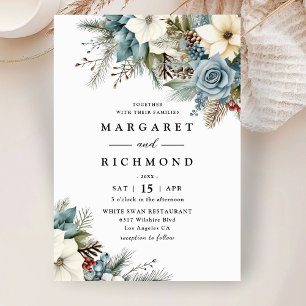 Rustic Elegant Dusty Blue Blommigt Winter Wedding Inbjudningar