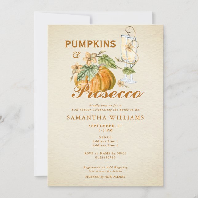 Rustic Elegant Fall Pumpkin Prosecco Möhippa Inbjudningar (Framsida)