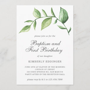 Rustic Elegant Greenery Baptism första födelsedag Inbjudningar