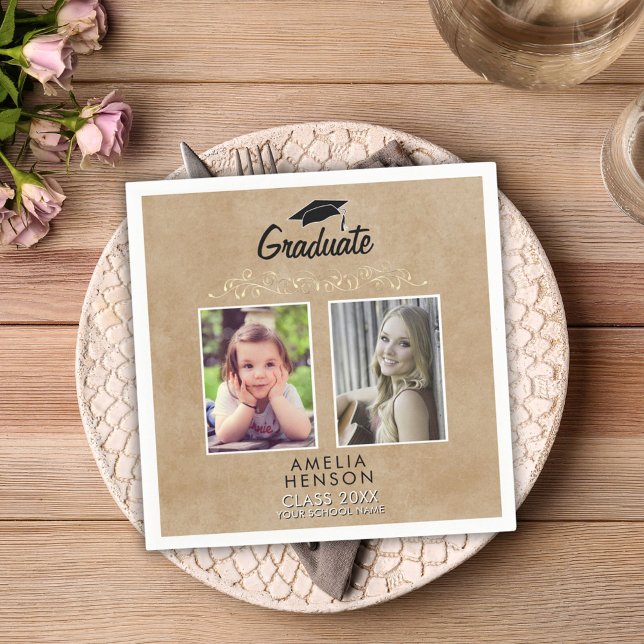 Rustic Elegant Guld Ornament 2 Photo Studenten Pappersservett (Skapare uppladdad)