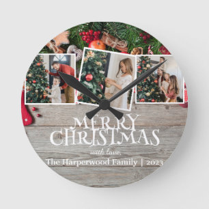 Rustic Elegant Joy jul-familjens fotokollage Rund Klocka
