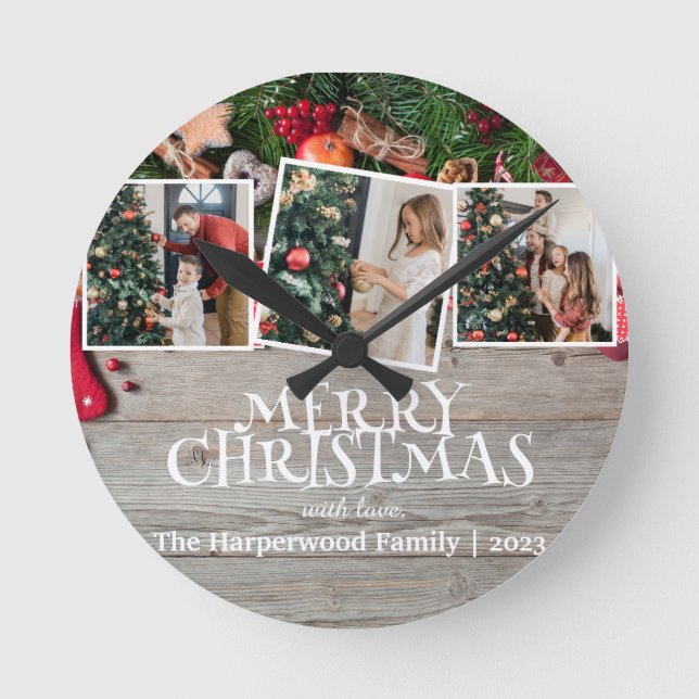 Rustic Elegant Joy jul-familjens fotokollage Rund Klocka (Framsida)