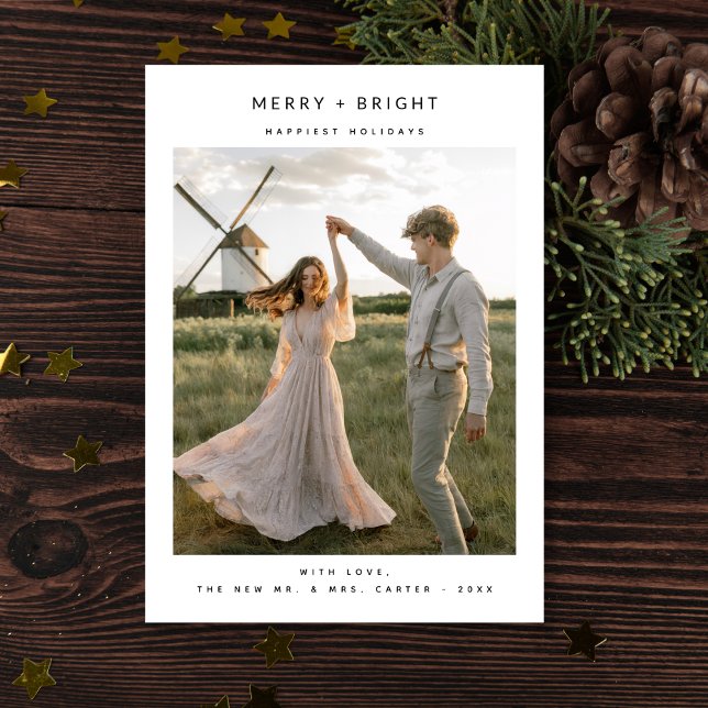 Rustic Elegant Merry and Bright Photo Newlywed Julkort (Skapare uppladdad)