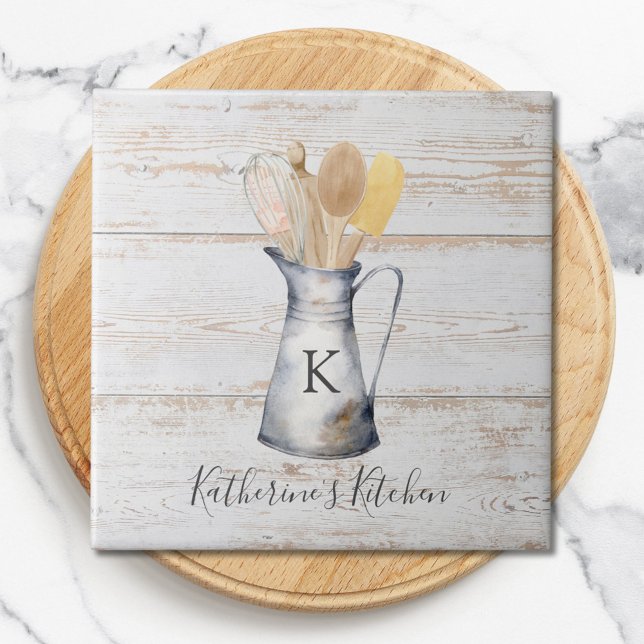 Rustic Elegant Monogram Kitchen Utensils Kakelplatta (Close up)