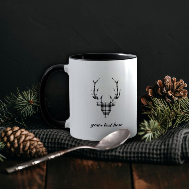 Rustic Elegant Personalized Plaid Deer Mug Cup Mugg (rustic elegant personalized black and white plaid deer mug)