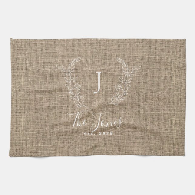 Rustic elegant personlig-familjens monogram namn kökshandduk (Horisontell)