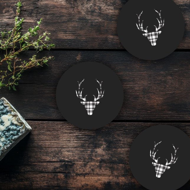 Rustic Elegant Plaid Deer Christmas  Underlägg Papper Rund (rustic elegant christmas coaster. black plaid deer design)