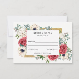 Rustic Elegant Red och Guld Blommigt White Bröllop OSA Kort