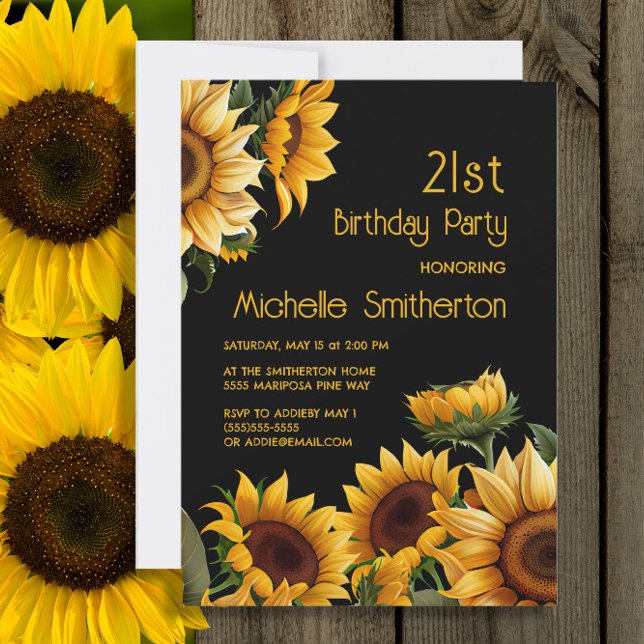 Rustic Elegant Solblommor Black 21:a födelsedagen Inbjudningar (Sunflowers on black 21st birthday invitation)
