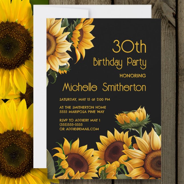 Rustic Elegant Solblommor Black 30års födelsedag Inbjudningar (Sunflowers on black 30th birthday party invitation)