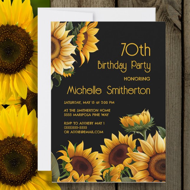 Rustic Elegant Solblommor Black 70:e födelsedagen Inbjudningar (Sunflowers on black 70th birthday party invitation)