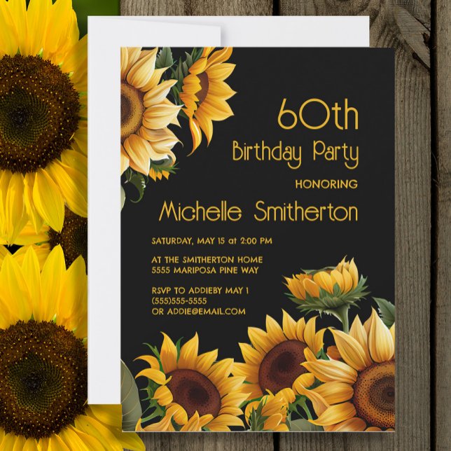 Rustic Elegant Solblommor Svart 60:e födelsedagen Inbjudningar (Sunflowers on black 60th birthday party invitation)