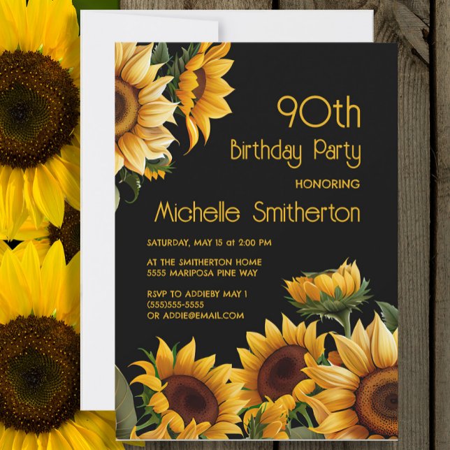 Rustic Elegant Solblommor Svart 90:e födelsedag Inbjudningar (Sunflowers on black 90th birthday party invitation)