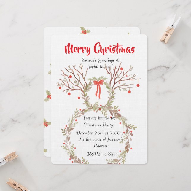 Rustic elegant watercolour Christmas invite cards Inbjudningar (Fram/Back In Situ)