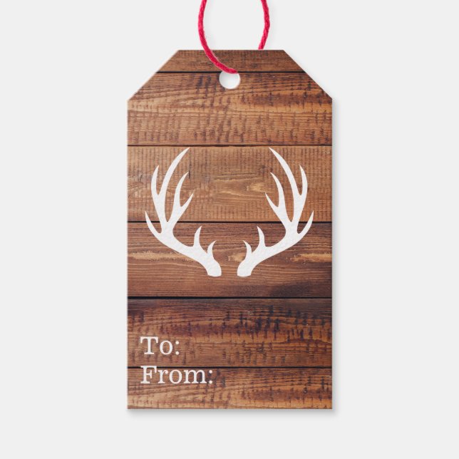 Rustic Elegant White Hjort Antlers & Mörk Wood Presentetikett (Framsidan)