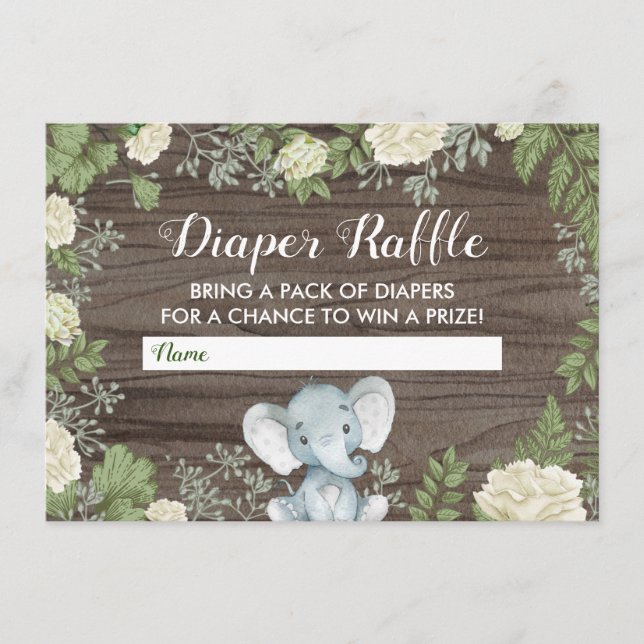 Rustic Elephant Baby Shower Greenery Diaper Raffle Tilläggskort (Framsida)