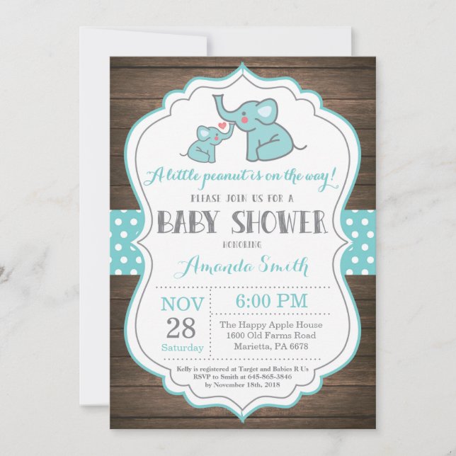 Rustic Elephant Baby Shower-inbjudan Aqua Inbjudningar (Framsida)