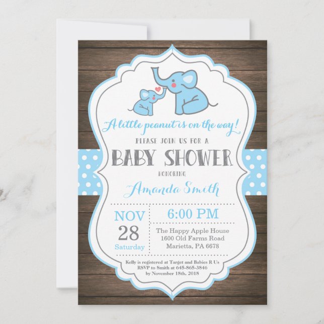 Rustic Elephant Baby Shower-inbjudan blå Inbjudningar (Framsida)
