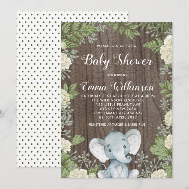 Rustic Elephant Baby Shower-inbjudan botaniskt Inbjudningar (Fram/baksida)