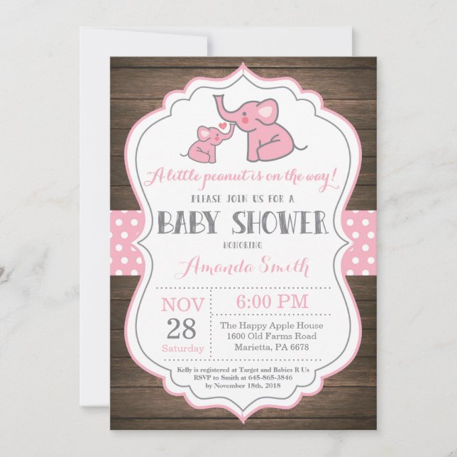 Rustic Elephant Baby Shower-Rosa Inbjudningar (Framsida)
