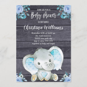 Rustic Elephant Blue Blommigt Boy Shower Inbjudningar