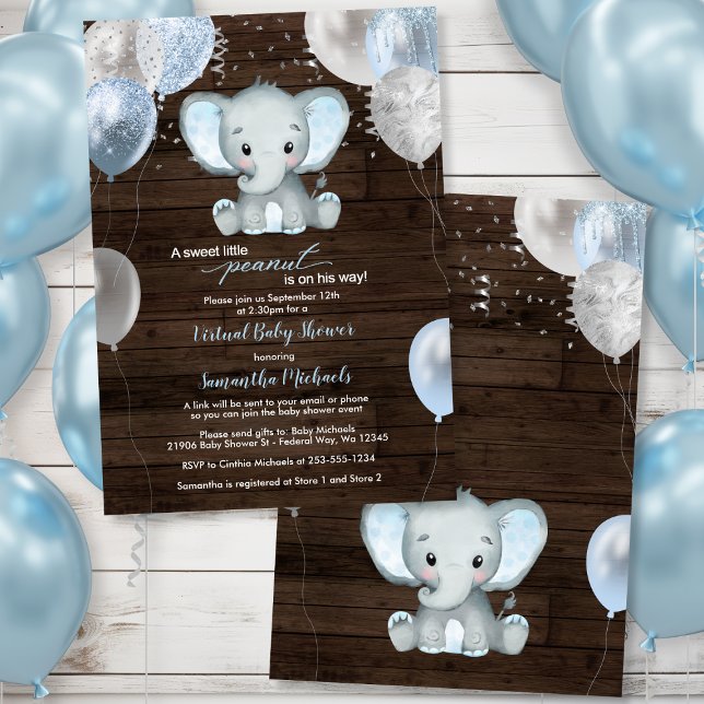 Rustic Elephant Boy Balloons Virtuell Baby Shower Inbjudningar (Rustic Elephant Boy Balloons Virtual Baby Shower Invitation)
