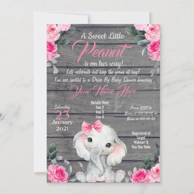 Rustic Elephant Drive Baby Shower-inbjudan rosa Inbjudningar (Framsida)