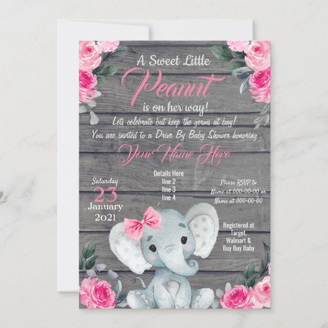 Rustic Elephant Drive Baby Shower-inbjudan rosa Inbjudningar (Framsida)