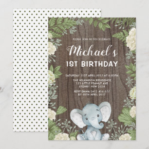 Rustic Elephant Greenery 1st Birthday Party Inbjudningar