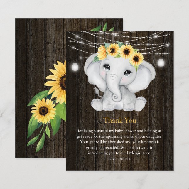 Rustic Elephant Sunwers Ljus Girl Baby Shower Inbjudningar (Fram/baksida)