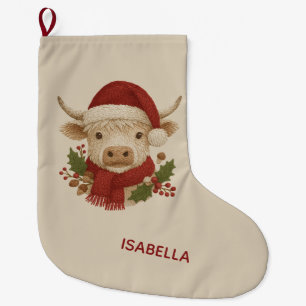 Rustic embroidery Highland Cow med Santa Hat Stor Julstrumpa