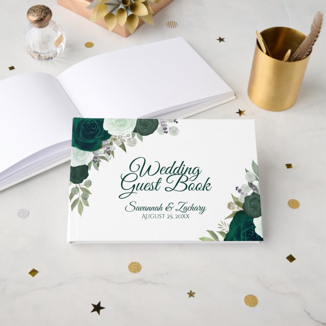 Rustic Emerald Grönt Elegant Blommigt Boho Bröllop Gästböcker (Framsida öppen)