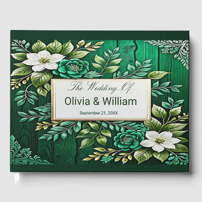 Rustic Emerald Grönt Guld Flower Bröllop Gästböcker (Framsida)