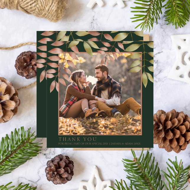 Rustic Emerald Grönt Höst löv Photo Bröllop Tack Kort (Skapare uppladdad)