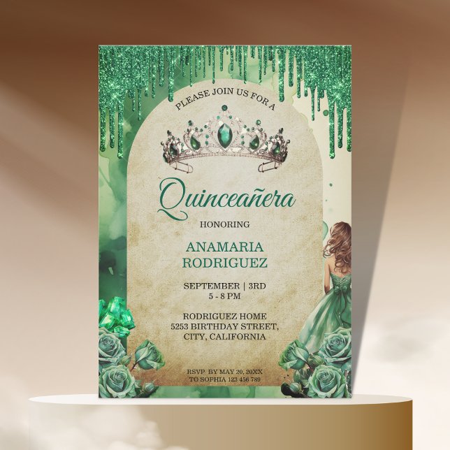 Rustic Emerald Grönt Tiara Quinceañera Ro Arch Inbjudningar (rustic emerald green tiara)
