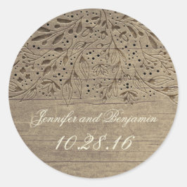 Rustic Engraved Flowers Wood Bröllop Runt Klistermärke