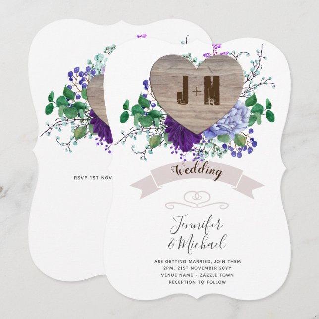 Rustic Engraved Wood Heart Monogram Blommigt fall Inbjudningar (Fram/baksida)