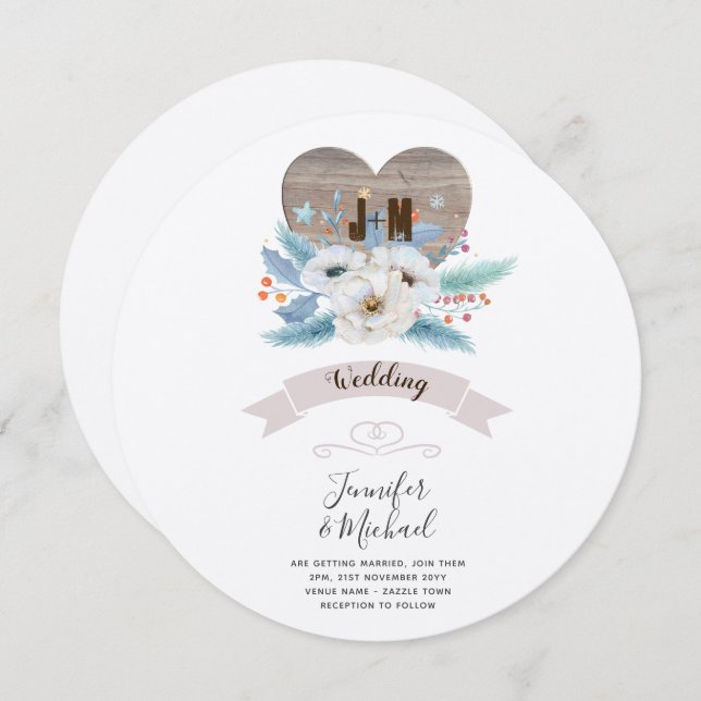 Rustic Engraved Wood Heart Monogram Blommigt fall Inbjudningar (Fram/baksida)