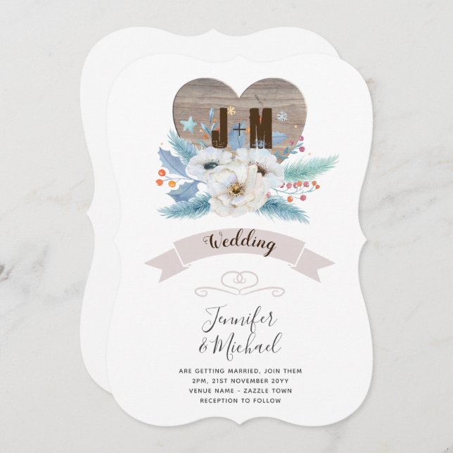 Rustic Engraved Wood Heart Monogram Blommigt fall Inbjudningar (Fram/baksida)