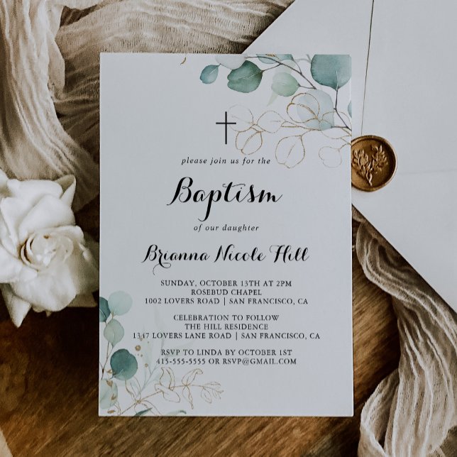 Rustic Eucalyptus Blommigt Guld Calligraphy Baptis Inbjudningar (Skapare uppladdad)
