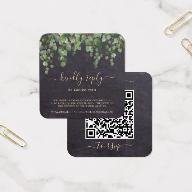 Rustic Eucalyptus Botanical Bröllop QR Code OSA Fyrkantigt Visitkort (Kontor)