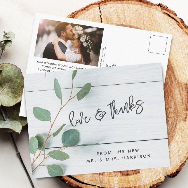 Rustic Eucalyptus Bröllop Photo Tack Vykort (Rustic Eucalyptus Wedding Photo Thank You Postcard)