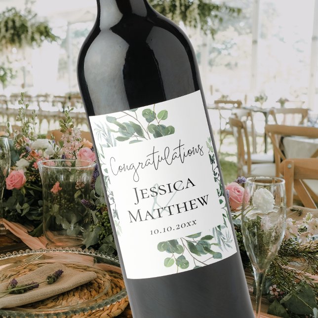 Rustic Eucalyptus Bröllop Vinflaska Etikett (Rustic Eucalyptus Wedding Wine Label)