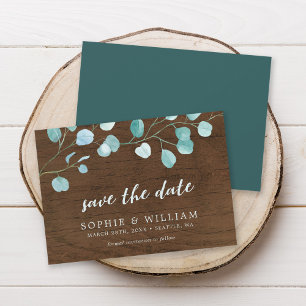 Rustic Eucalyptus & Brown Wood Save Date Card Spara Datumet