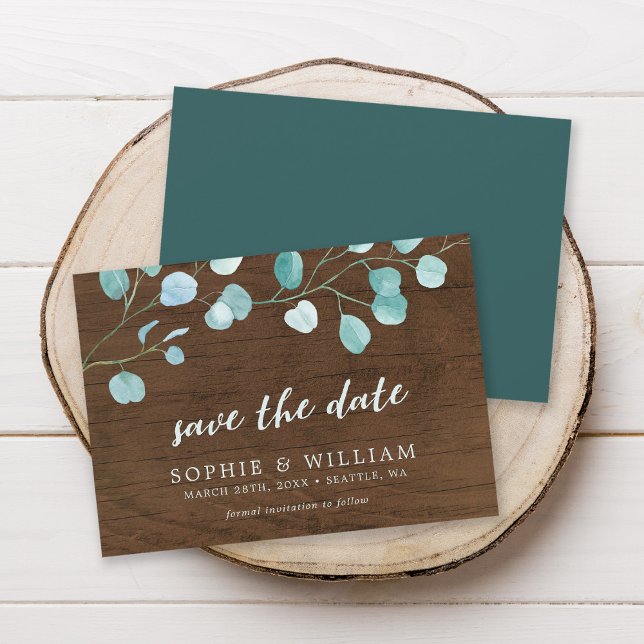 Rustic Eucalyptus & Brown Wood Save Date Card Spara Datumet (Skapare uppladdad)