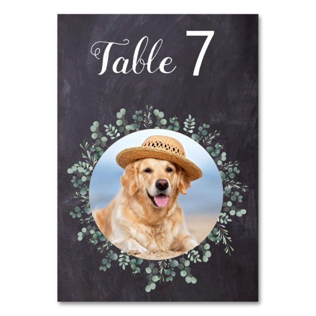 Rustic Eucalyptus Chalkboard Hund Photo Pet Bröllo Bordsnummer (Framsidan)