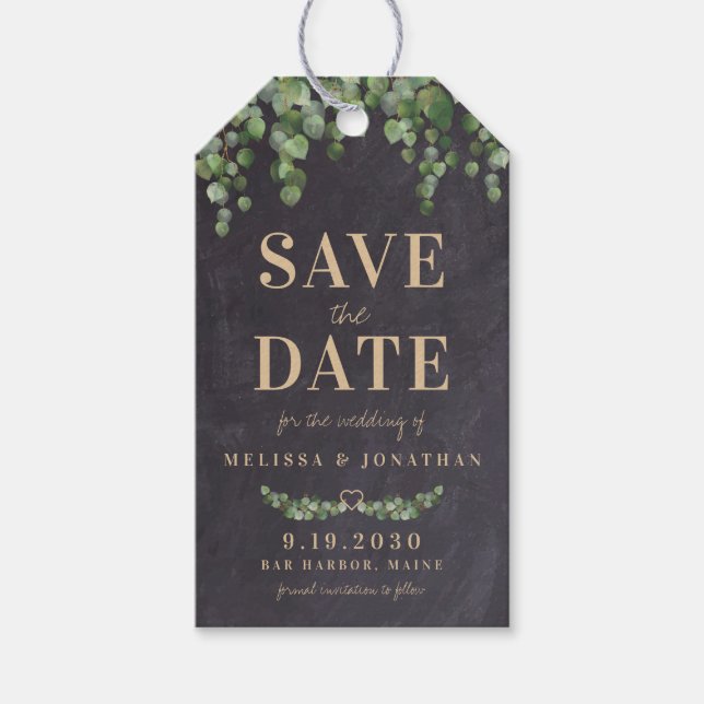 Rustic Eucalyptus Chalkboard Save Date Gift T Presentetikett (Framsidan)