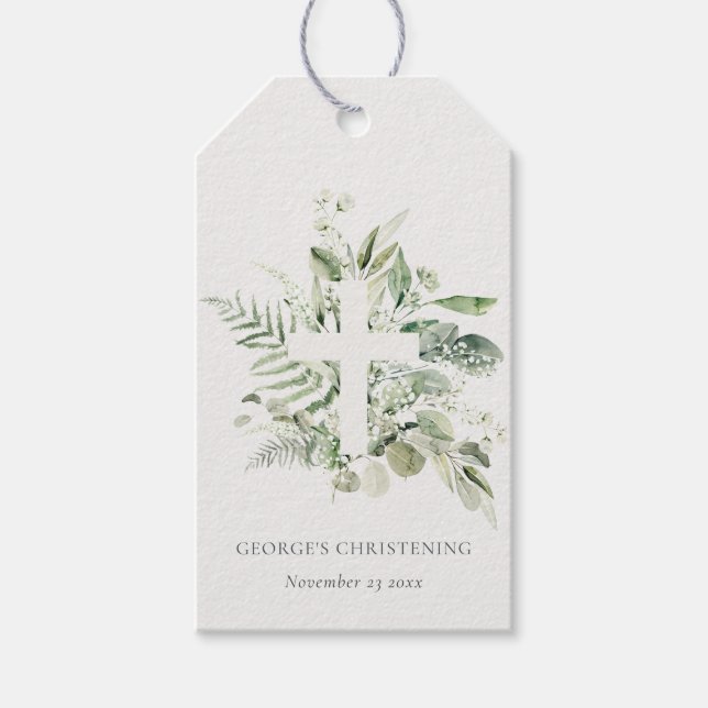 Rustic Eucalyptus Fern Foliage Kor Christening Presentetikett (Framsidan)